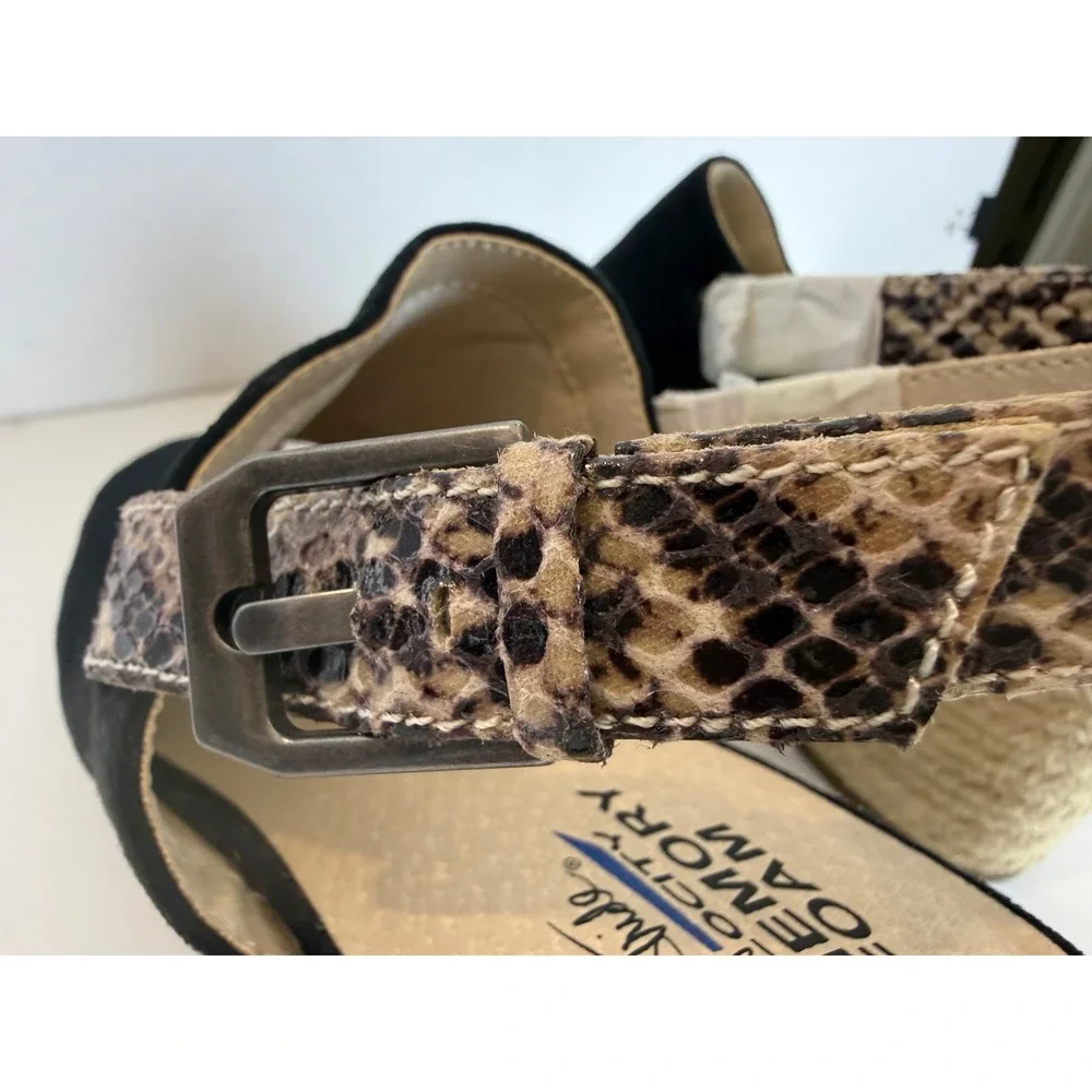 LifeStride Trina Wedge Sandal Black Suede Upper Snakeskin-Print Slingback Sz 9.5